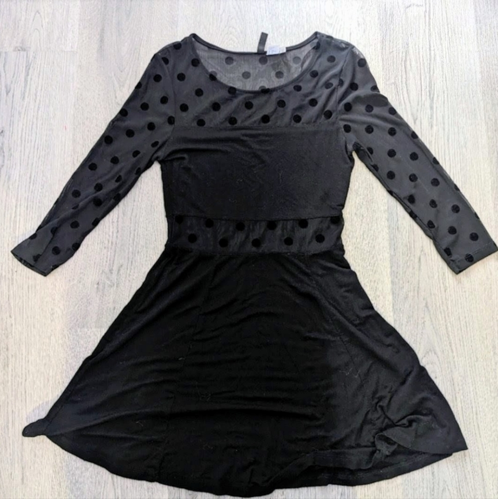 H&M Black Polka Dot Mesh Fit & Flare Dress XS Goth